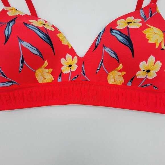 Pink Victorias Secret Wear Everywhere Wireless Lightly Lined Bra 32C Red Floral - Picture 2 of 14